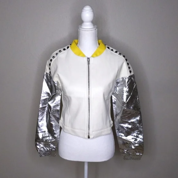 English Rose Faux Leather Statement Jacket Women’s Medium | Metallic Silver - Picture 2 of 6